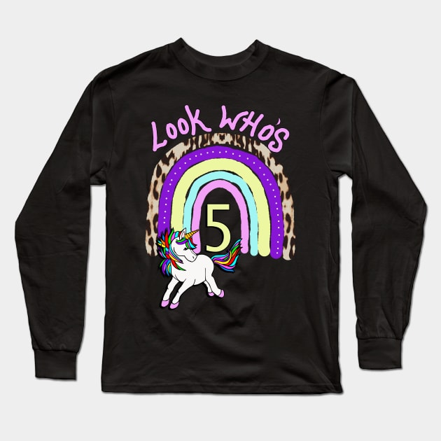 Birthday 5 Year Old Rainbow & Unicorn Long Sleeve T-Shirt by tamdevo1